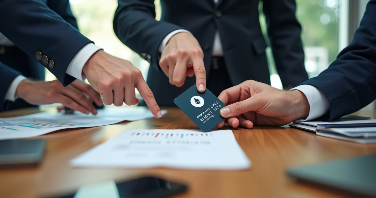 Cartão pré-pago cripto sobre mesa de escritório com mãos de empresários 