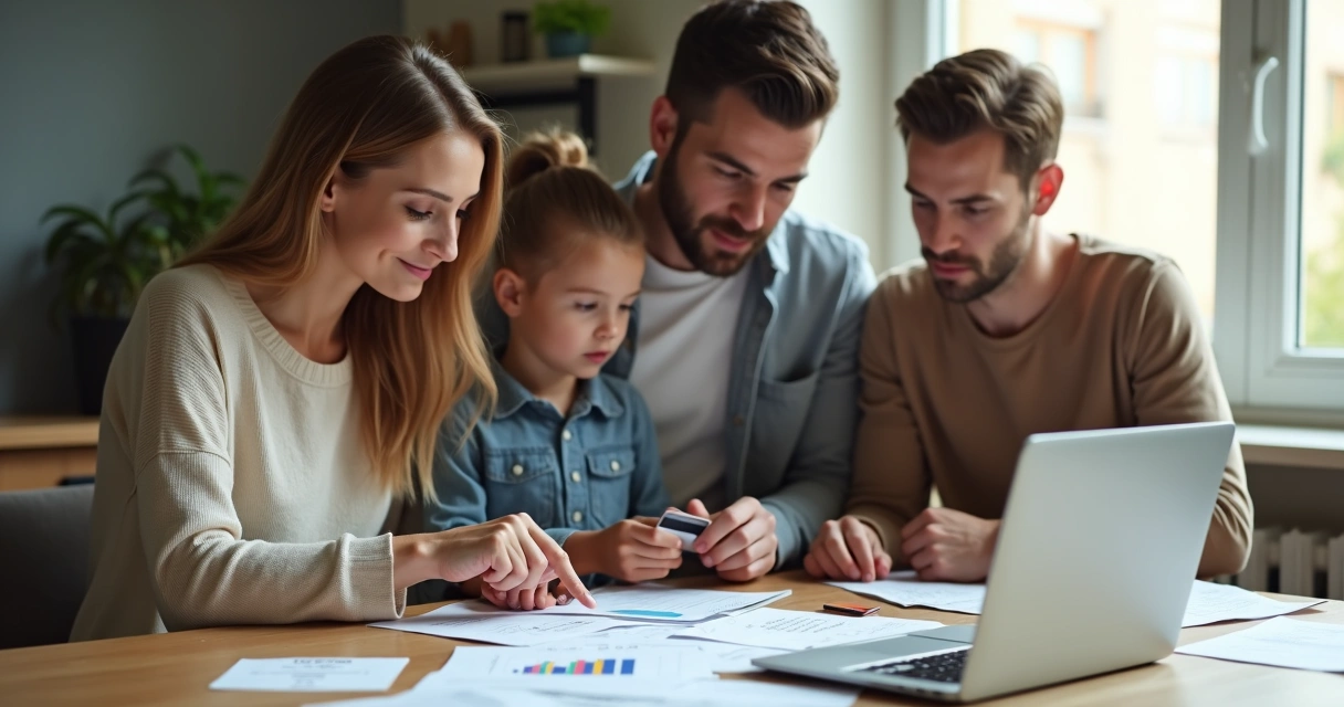 Cartão de crédito e pessoas analisando finanças familiares 