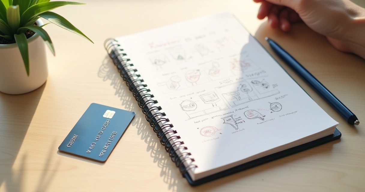 Cartão de crédito simples ao lado de bloco de notas com planejamento de pontos 