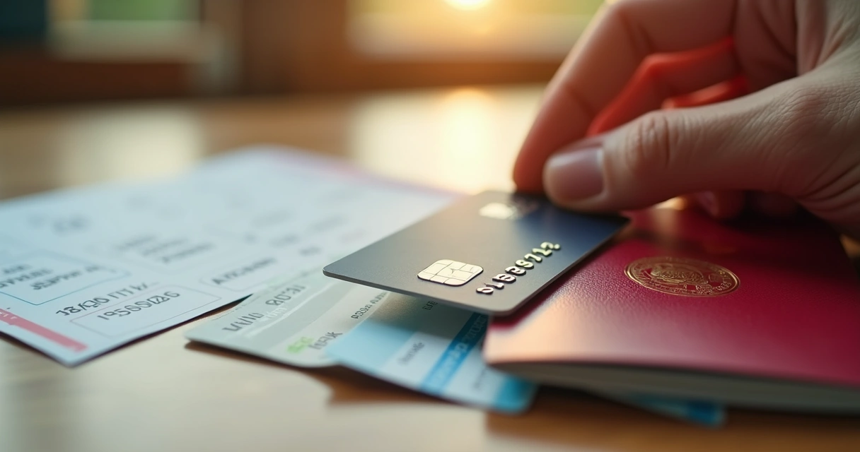 Cartão de crédito ao lado de passageiro com passaporte 