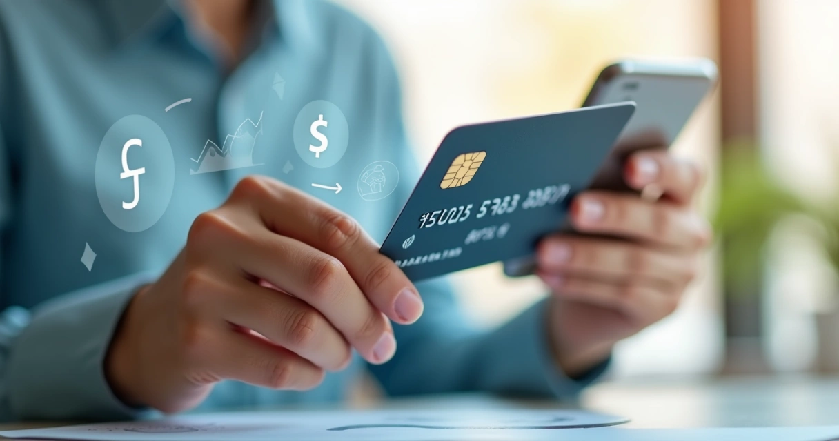Mão segurando cartão de crédito moderno com fundo claro e detalhes financeiros ao redor 