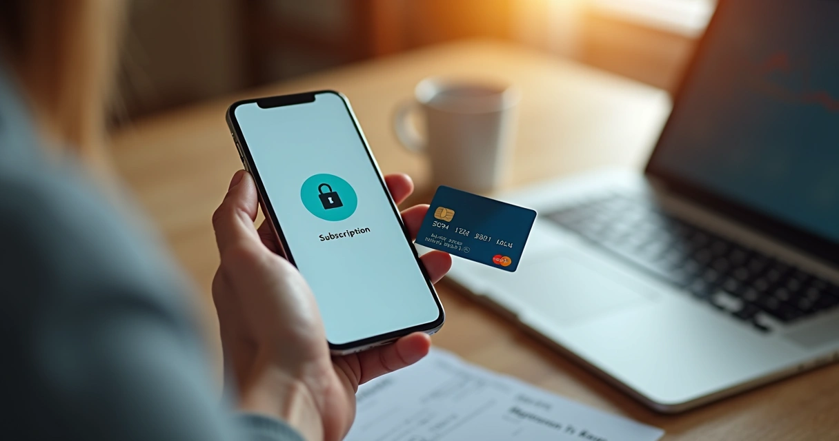 Cartão de débito sendo utilizado em smartphone para assinatura online com interface digital clara e segura 