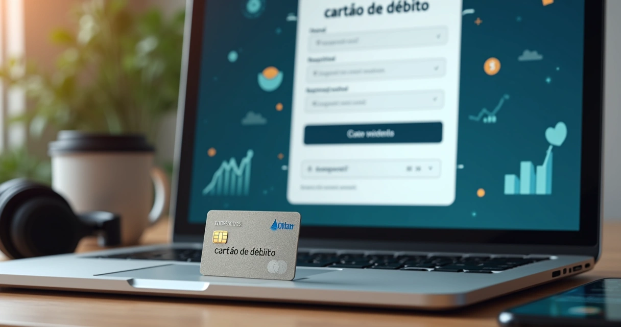 Cartão de débito virtual ao lado de laptop 