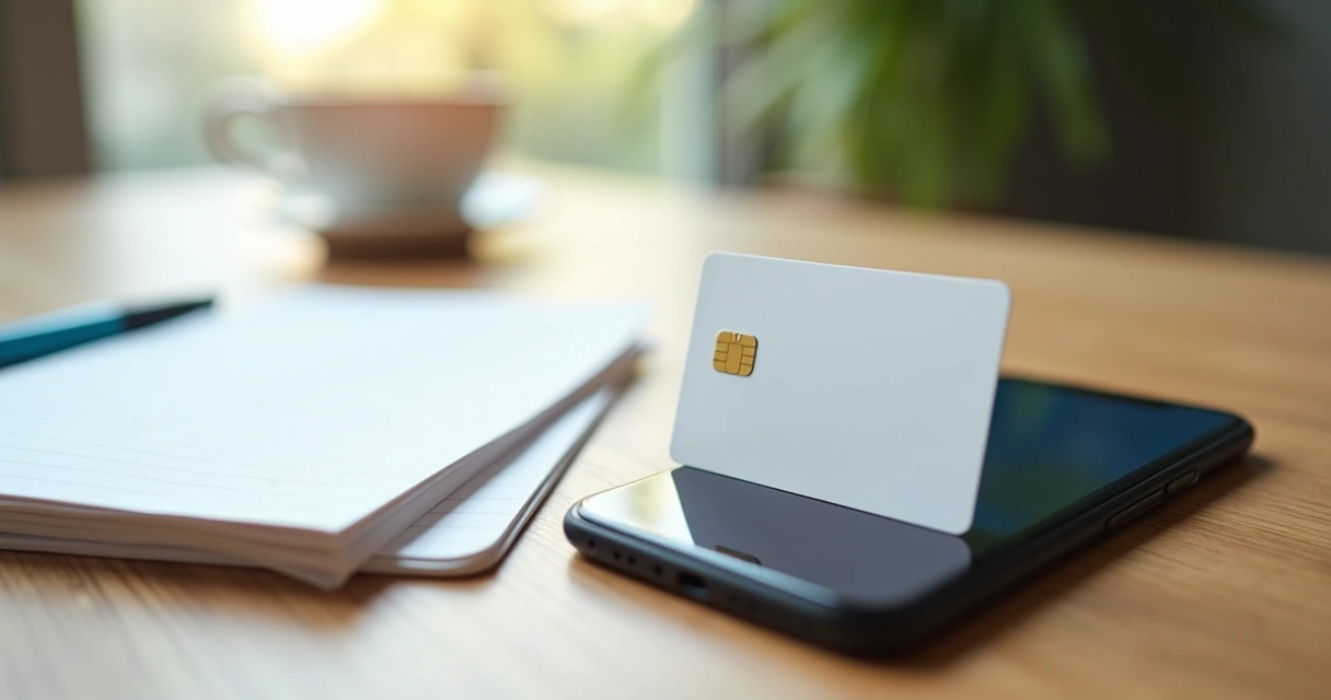 Cartão digital branco sobre celular com aplicativo de conta digital aberto 