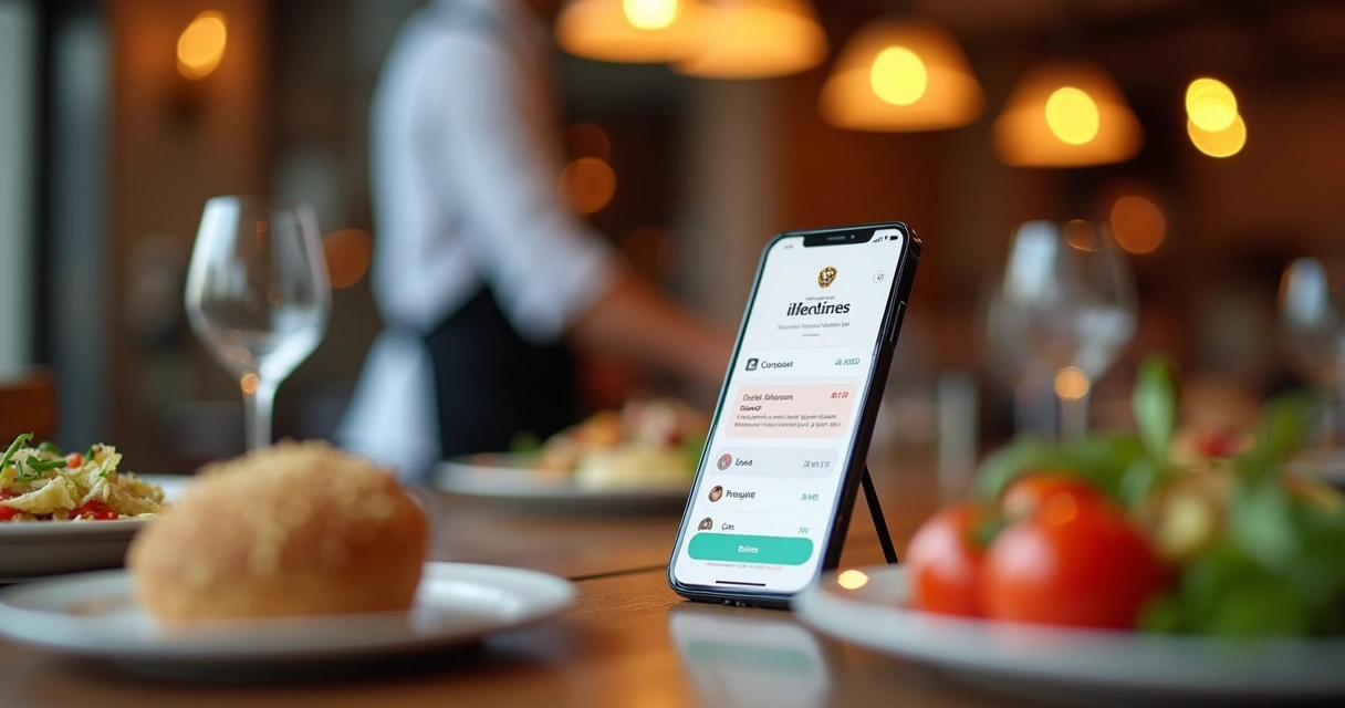 Aplicativo de fidelidade digital aberto em smartphone sobre mesa de restaurante 