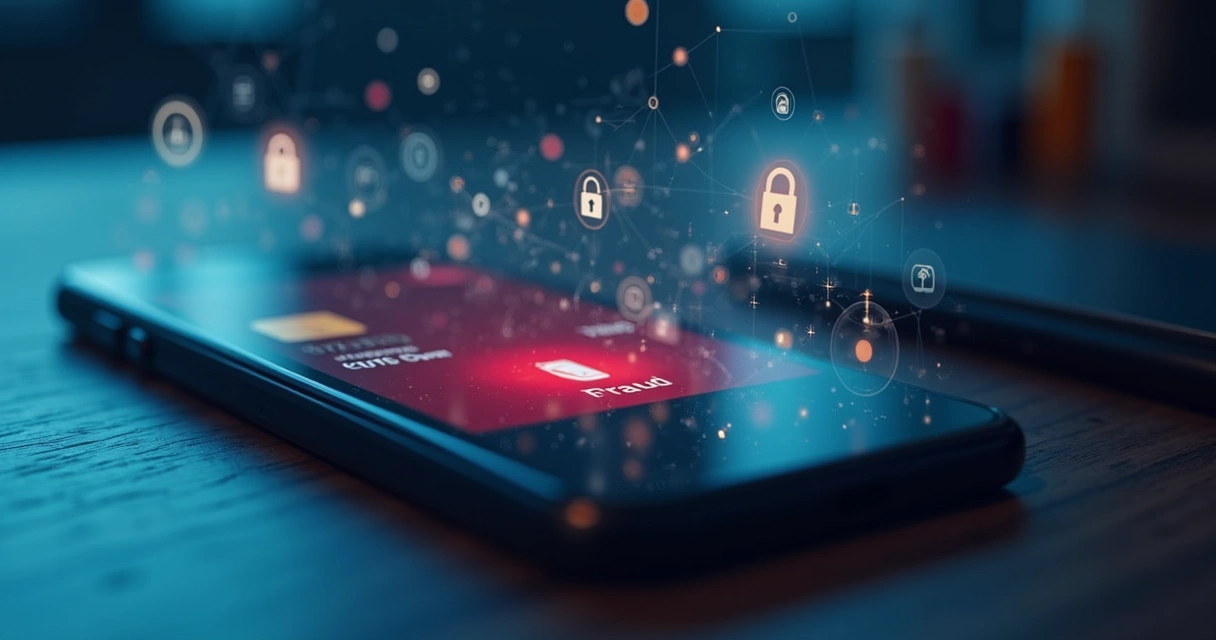 Cartão digital com notificação de alerta de fraude em tela de smartphone 