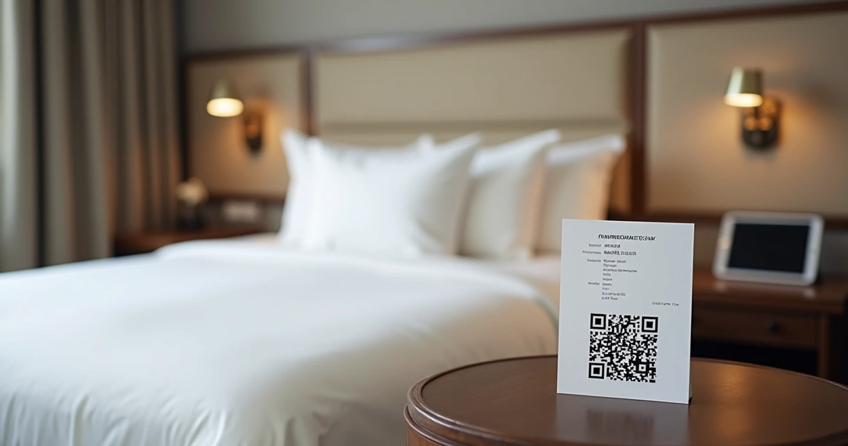 Cartão digital com QR code ao lado da cama de hotel