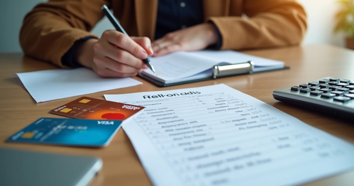 Pessoa fazendo lista de dívidas com cartões e papel