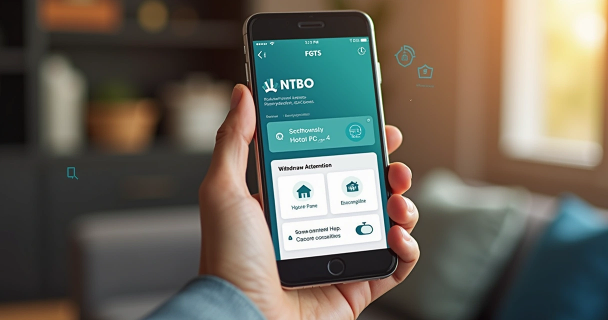 Celular na mão exibindo aplicativo do FGTS digital com saldo em destaque e menu de antecipação de saque
