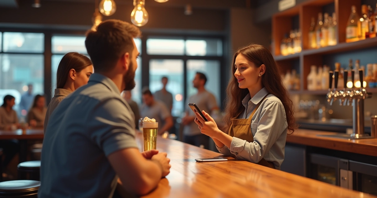 Cliente usando cartão fidelidade digital no bar 