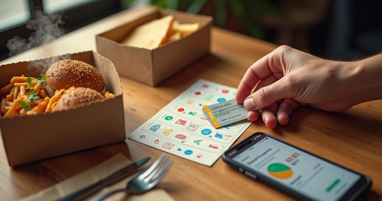 Cartão de fidelidade de delivery sendo preenchido ao lado de comida e celular 