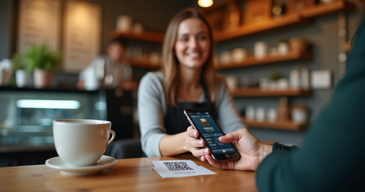 Cliente escaneando QR Code no balcão de uma cafeteria 