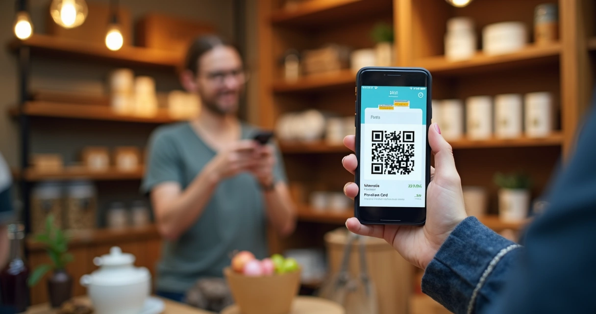 Pessoa usando celular para acessar cartão fidelidade digital com código QR na tela em ambiente de pequeno negócio 