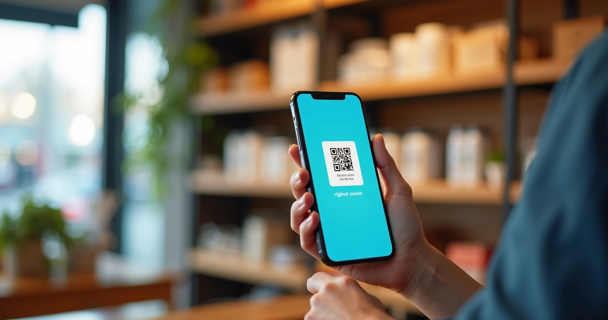 Teléfono celular mostrando um cartão fidelidade digital com QR code em uma loja pequena com balcão moderno 