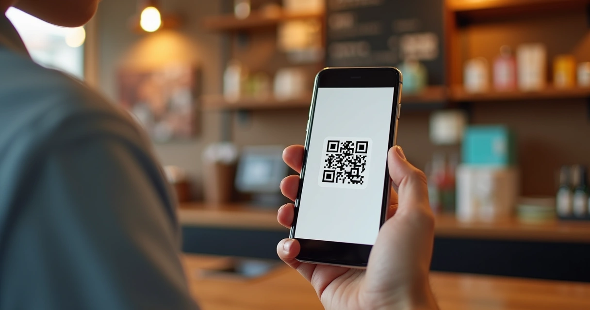 Mão segurando celular mostrando cartão fidelidade digital com código QR em balcão de loja 