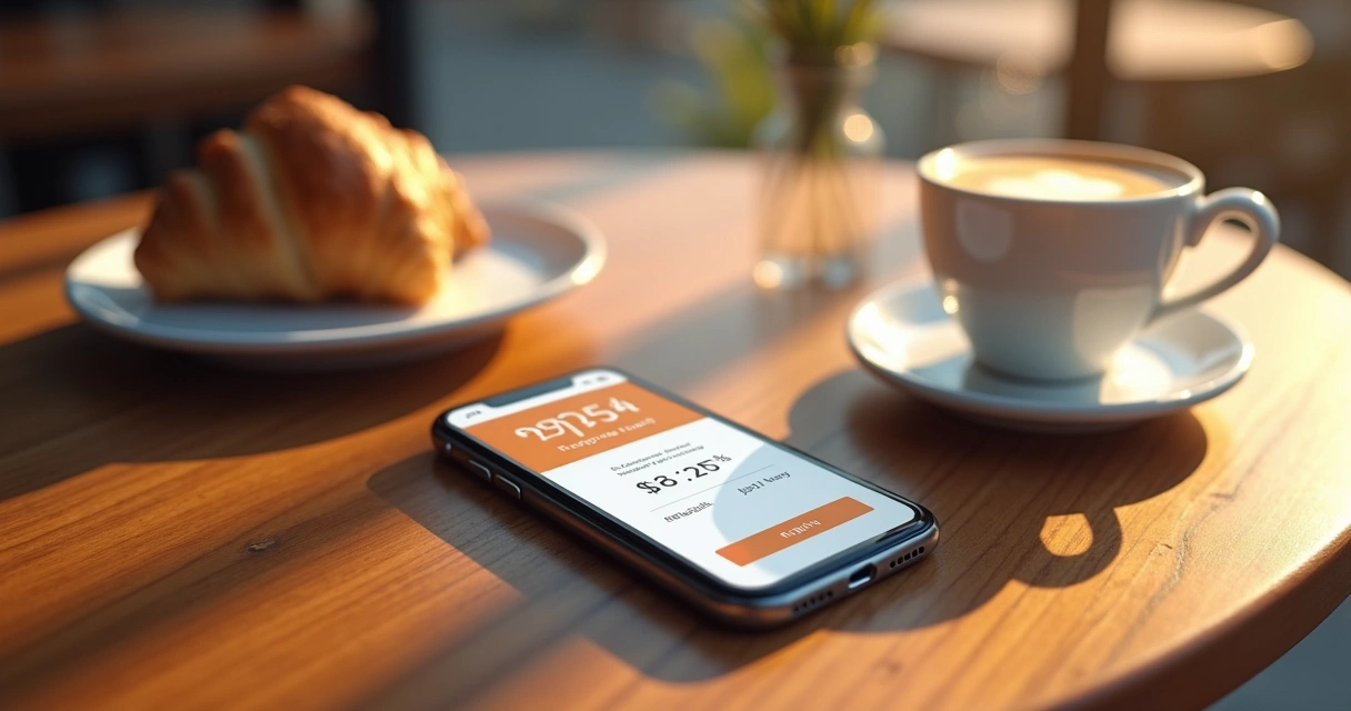 Cartão fidelidade digital exibido em smartphone sobre mesa de restaurante 