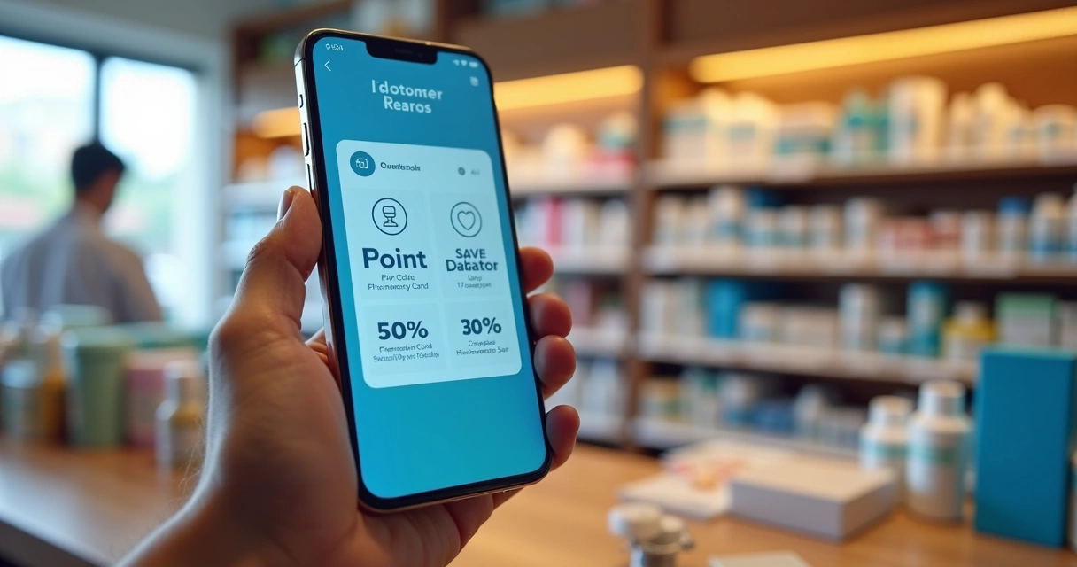 Cartão de fidelidade digital com ícones de medicamentos e benefícios destacados 