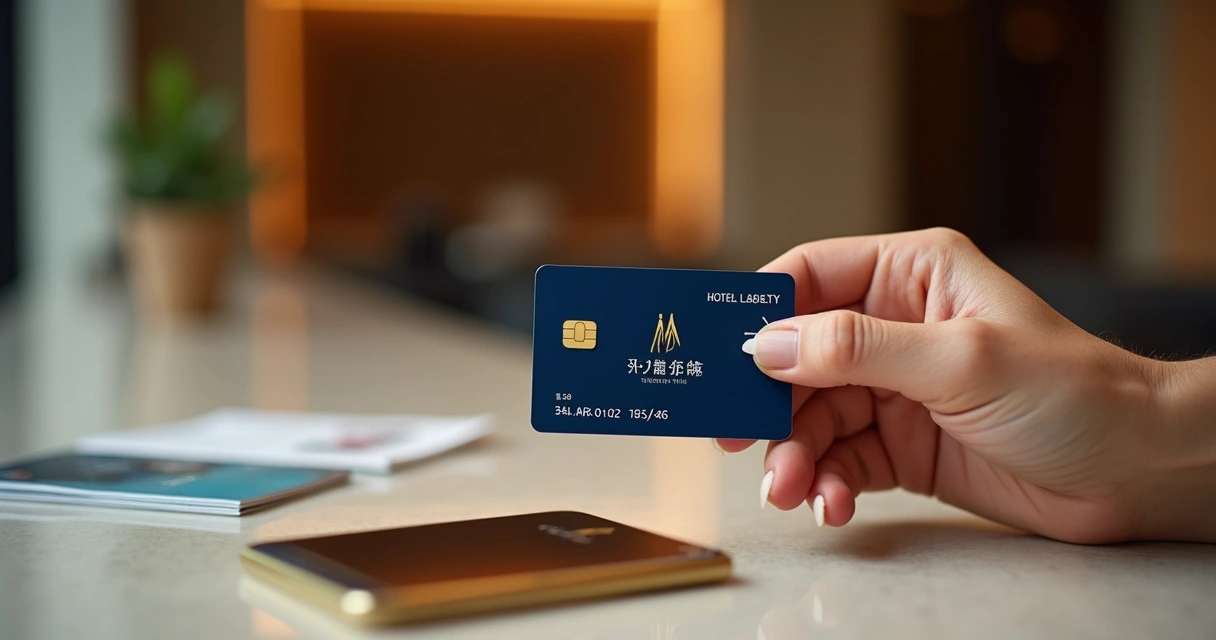 Cartão de fidelidade sobre balcão de recepção de hotel com detalhes modernos 