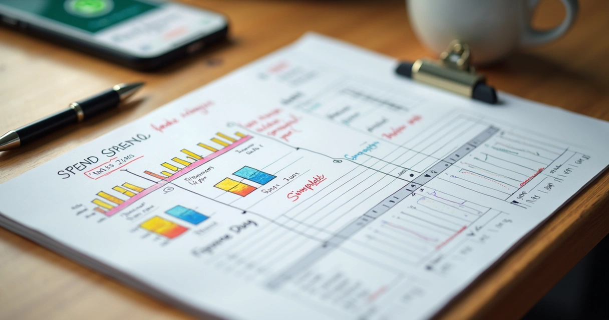 Cartão com gráficos e anotações de gastos, sobre uma mesa de escritório. 