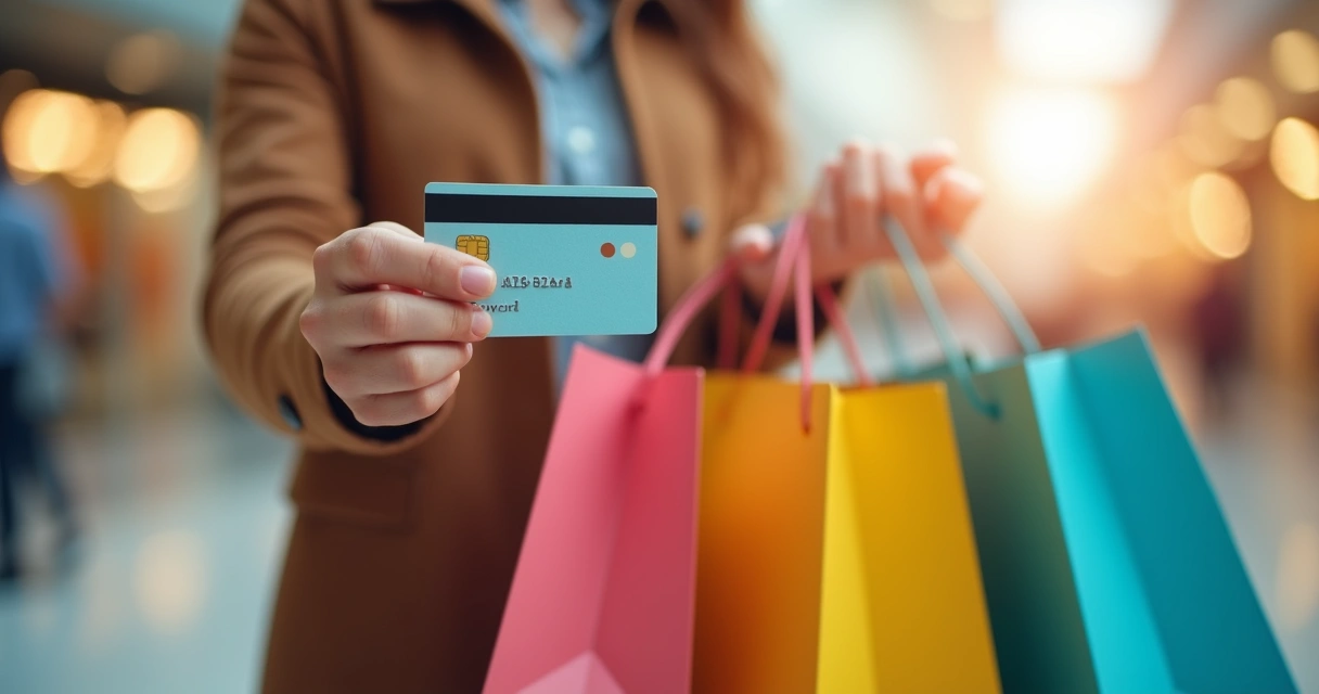 Pessoa segurando cartão de crédito diante de bolsas e caixas de compras