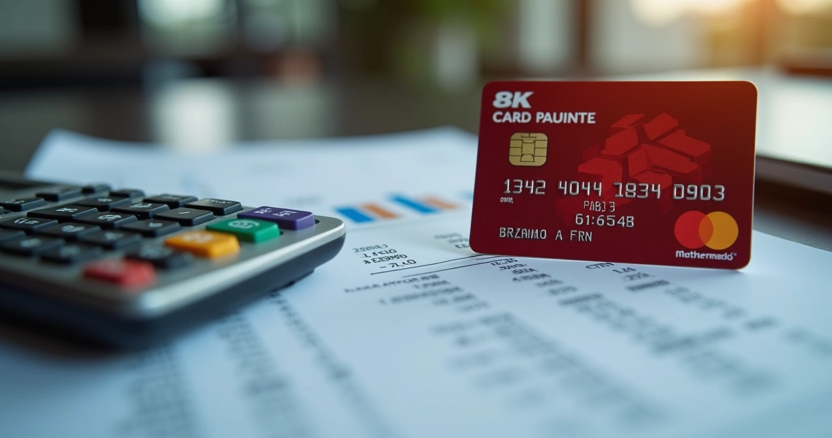 Cartão de crédito com tela mostrando aviso de limite estourado apoiado sobre uma mesa com contas e calculadora ao lado 