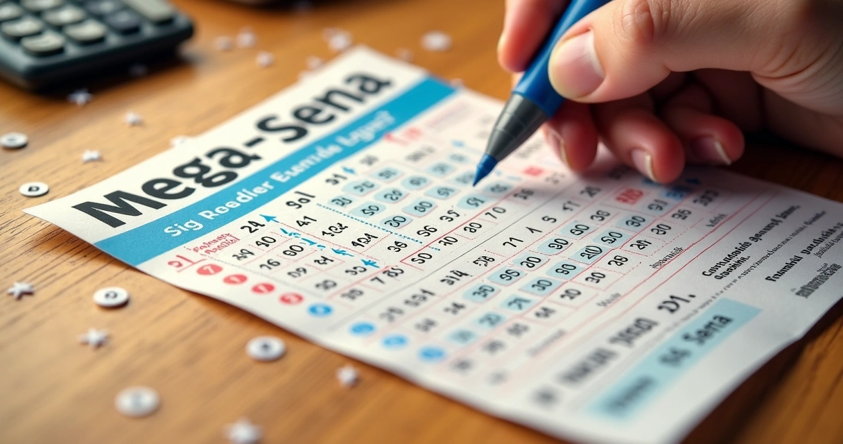 Cartão de aposta da Mega-Sena com dezenas marcadas e cálculo combinatório ao fundo 
