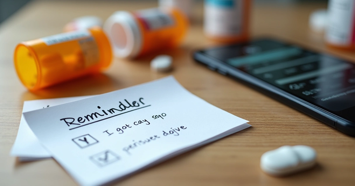 Cartão de lembrete de medicamento e calendário ao lado de frascos de comprimidos e celular