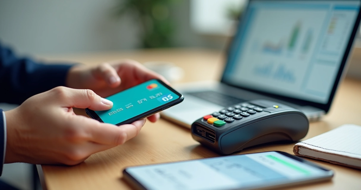 Cartão múltiplo de empresa usado em pagamento com celular e maquinha sobre mesa de escritório 