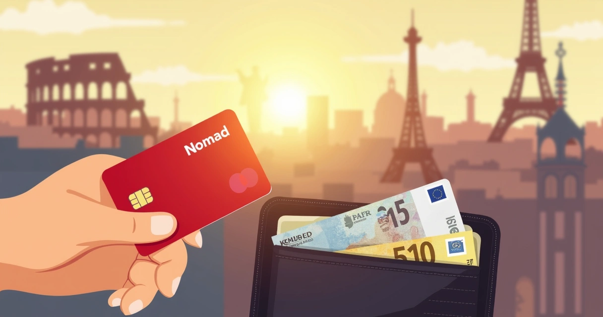 Cartão de débito Nomad na carteira diante de paisagem europeia 