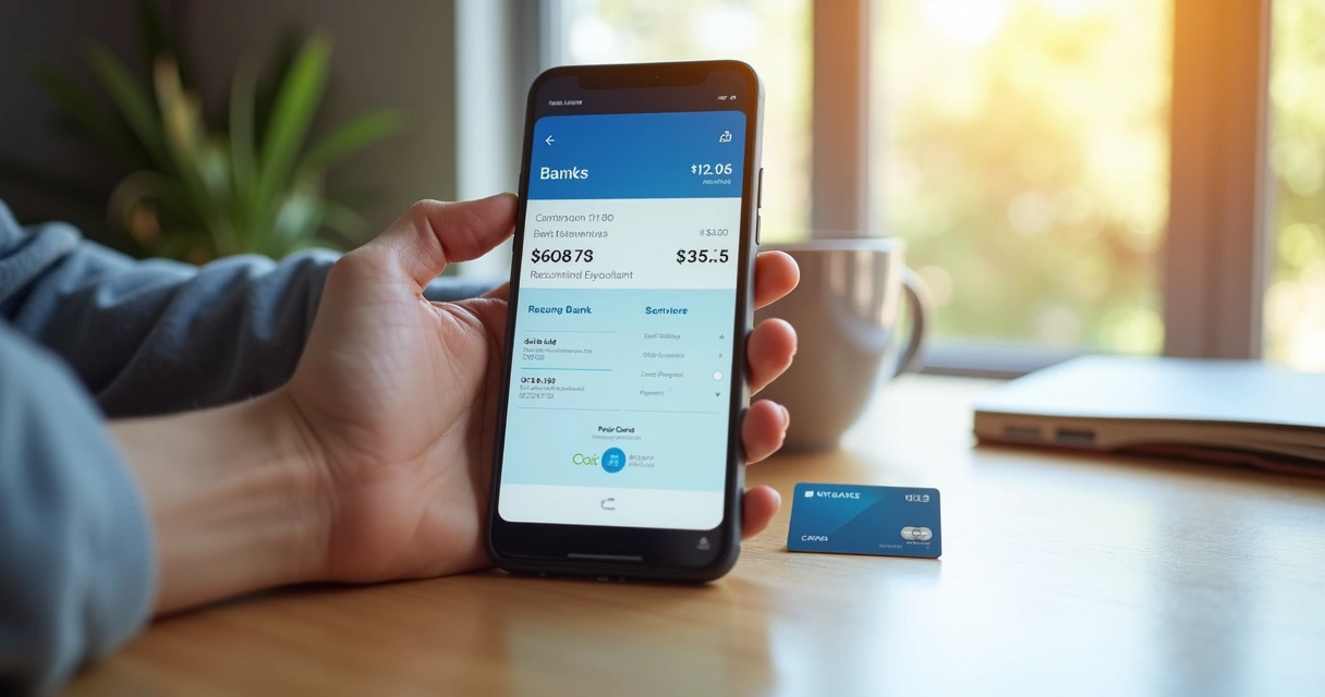 Mão segurando celular mostrando tela de extrato bancário ao lado de cartão de crédito 