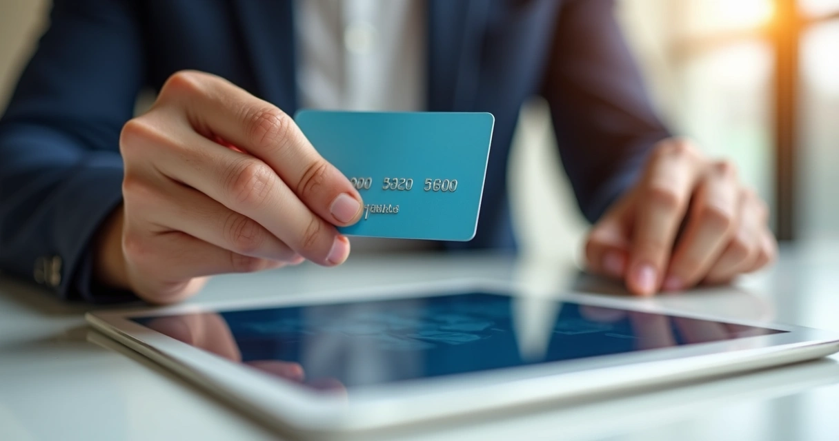 Pessoa segurando cartão próximo de tablet exibindo tela de pagamento online 