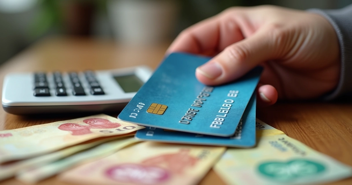 Pessoa segurando cartões de crédito ao lado de uma calculadora e várias notas de dinheiro em uma mesa 