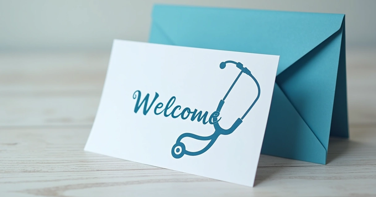 Cartão de boas-vindas personalizado para clínica médica com envelope