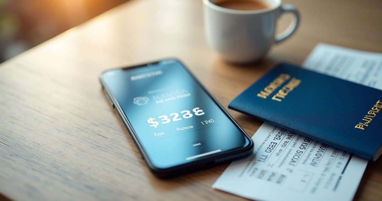 Cartão, passaporte e celular com saldo de pontos sobre mesa clara 