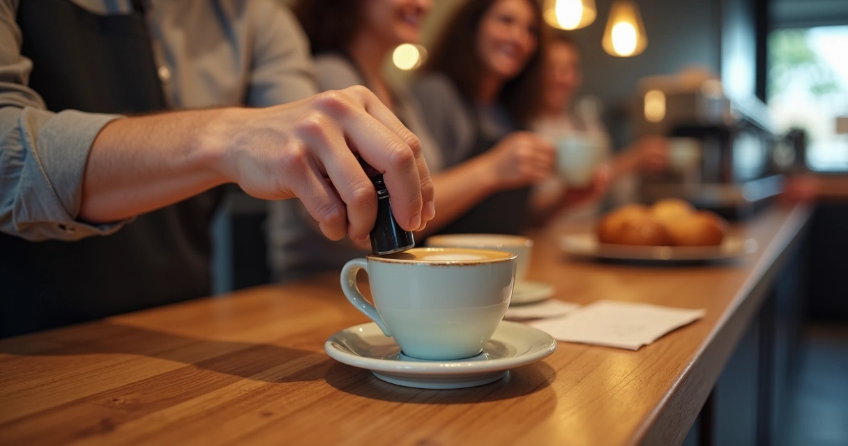 Cartão de pontos sendo carimbado em cafeteria 