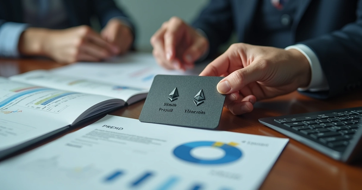 Cartão pré-pago com símbolos de criptomoeda em uma mesa de reunião moderna 