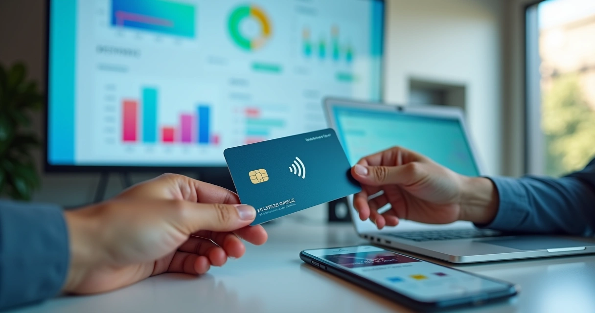 Cartão pré-pago corporativo em mãos com dashboard financeiro ao fundo 