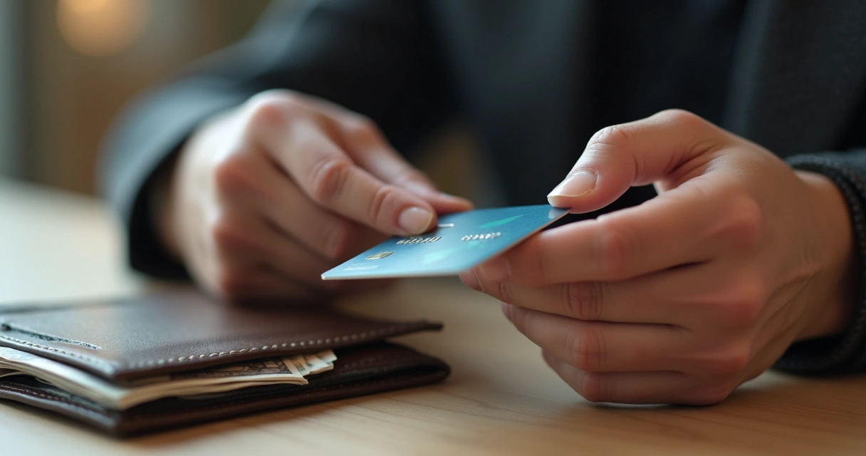 Pessoa segurando um cartão pré-pago, close em mãos com fundo de carteira e notas 