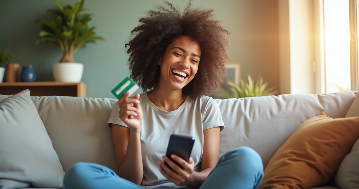Mulher segurando cartão pré-pago sentado em sala moderna 