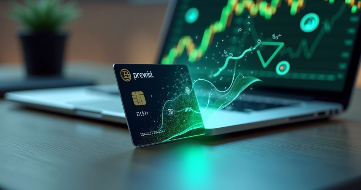 Cartão pré-pago sobre mesa com gráficos digitais de criptomoedas ao fundo 