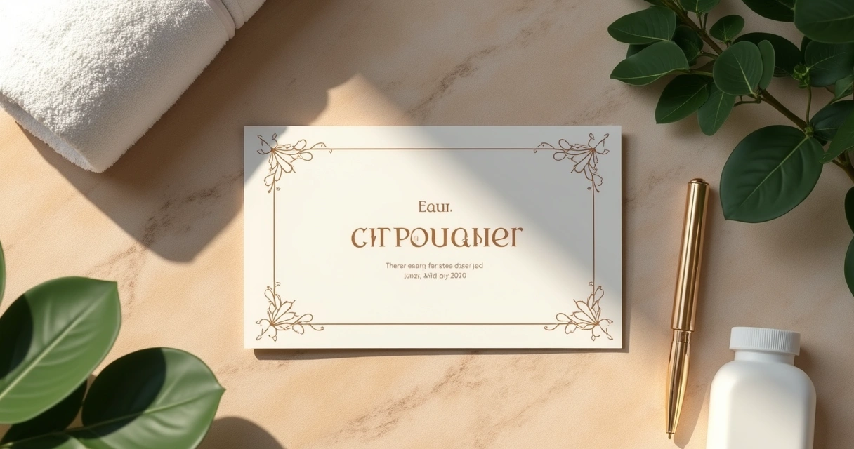 Cartão vale-presente do spa personalizado sobre superfície de pedra clara 