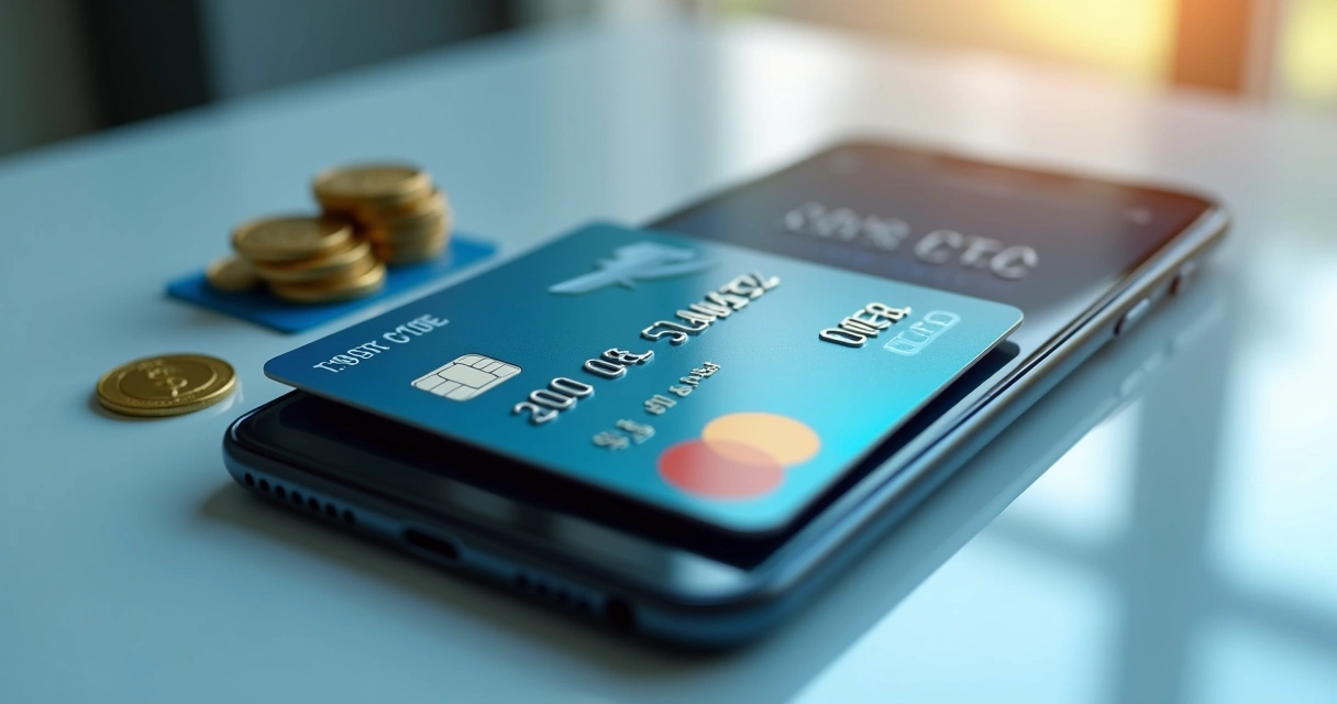 Cartão de crédito e smartphone mostrando saldo de cashback com ícones de passagens aéreas 