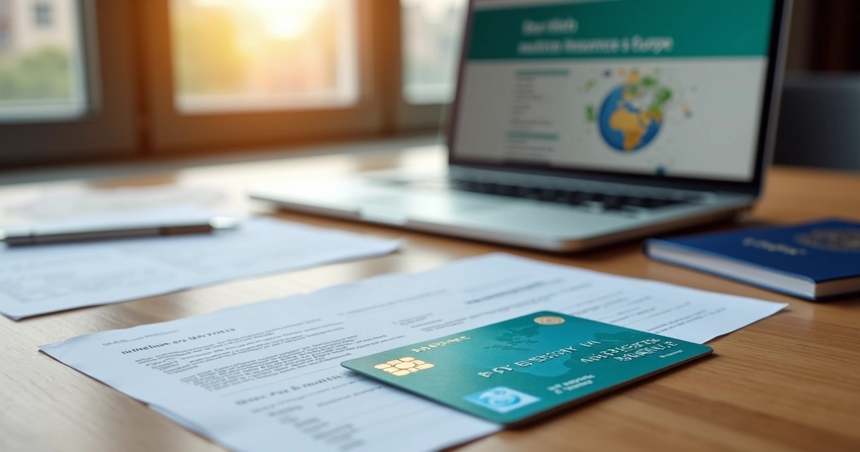 Cartão Europeu de Seguro de Saúde em cima de mesa com documentos e passaporte ao lado 