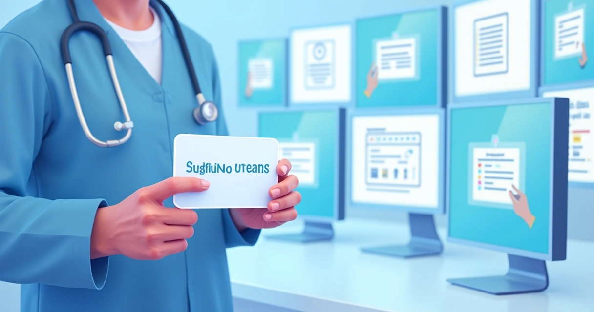 Pessoa segurando um cartão de saúde digital, com telas de computador ao fundo exibindo serviços médicos e opções de parcelamento. 