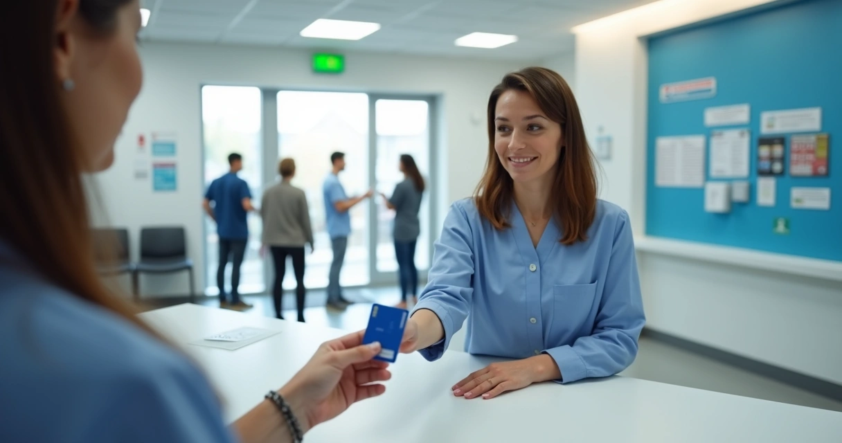 Pessoa apresentando cartão de saúde europeu em hospital europeu 