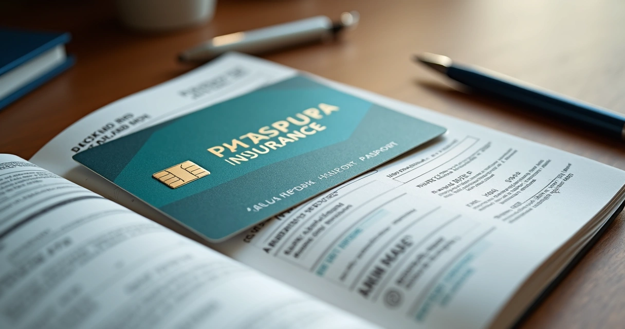 Cartão de seguro viagem em cima de passaporte e folhas de visto.