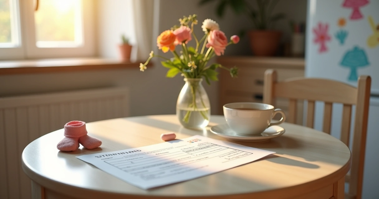 Cartão de vacinação infantil aberto sobre mesa ao lado de chá e flores, ambiente familiar 