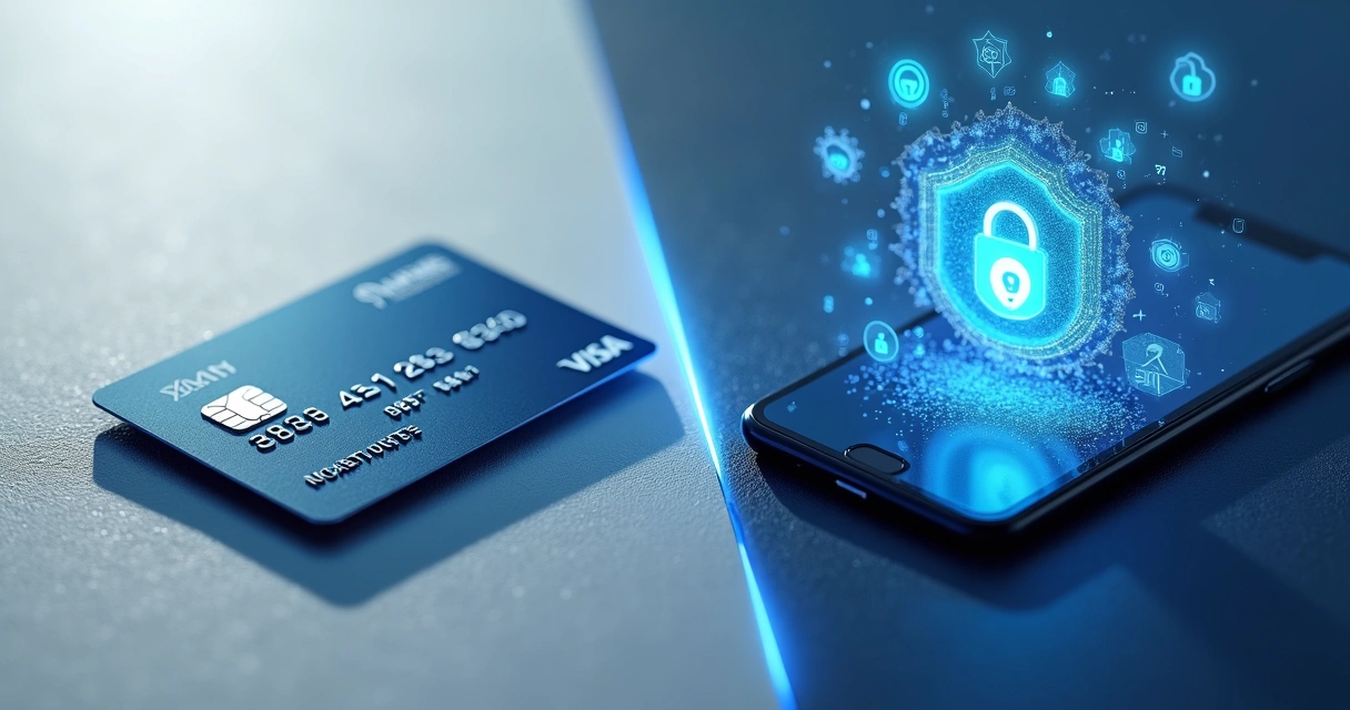 Cartão físico e cartão virtual sendo comparados, com foco em segurança de dados 