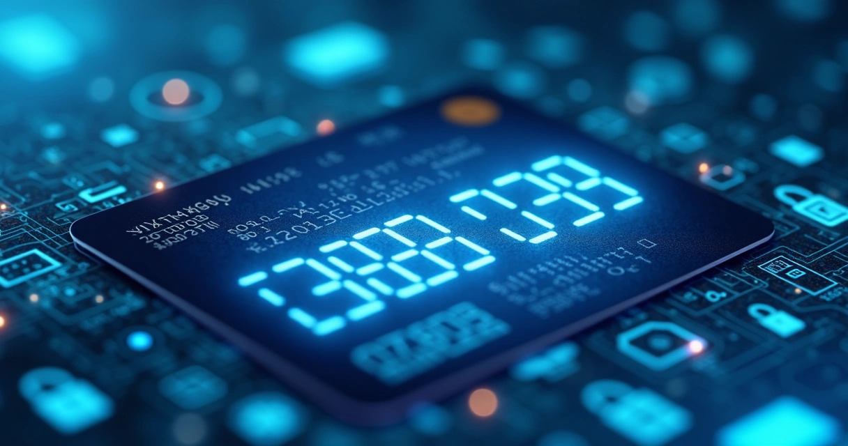 Cartão virtual com chip e números destacados em fundo digital azul