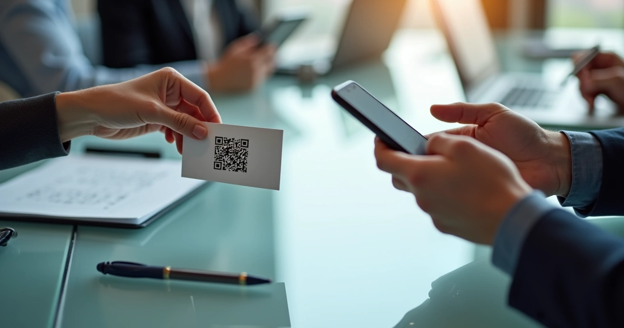 Cartão de visita com QR Code sendo escaneado por celular moderno 